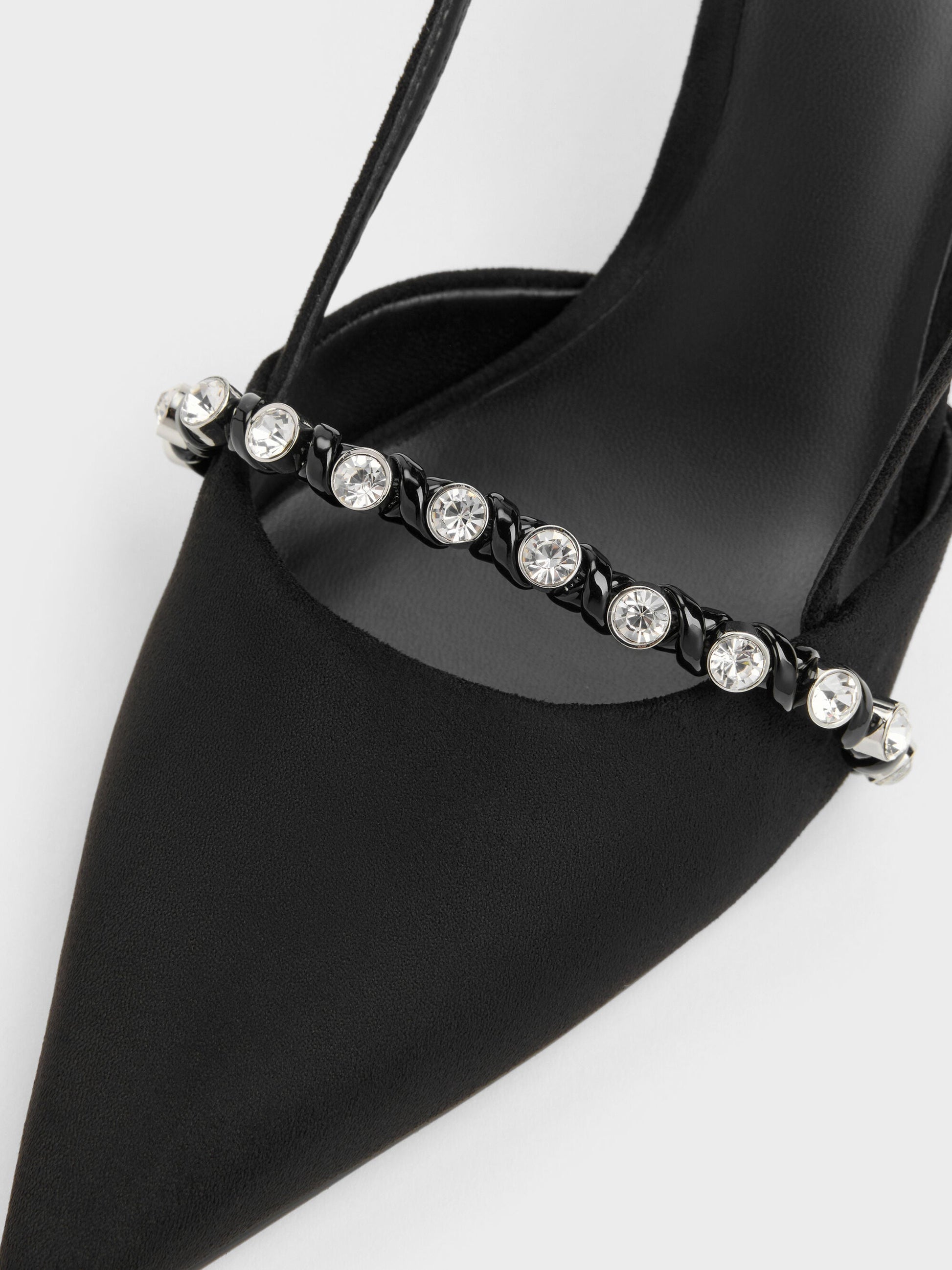 Faux Suede Crystal Slingback Pumps - Black Textured | CHARLES & KEITH