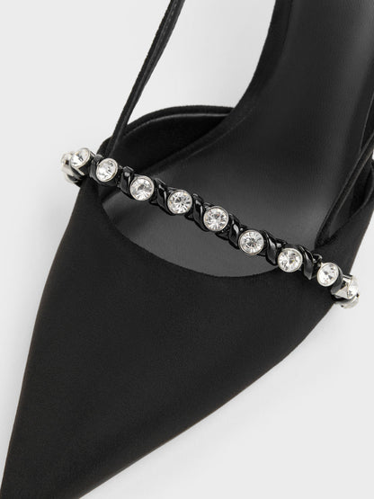 Faux Suede Crystal Slingback Pumps - Black Textured | CHARLES & KEITH