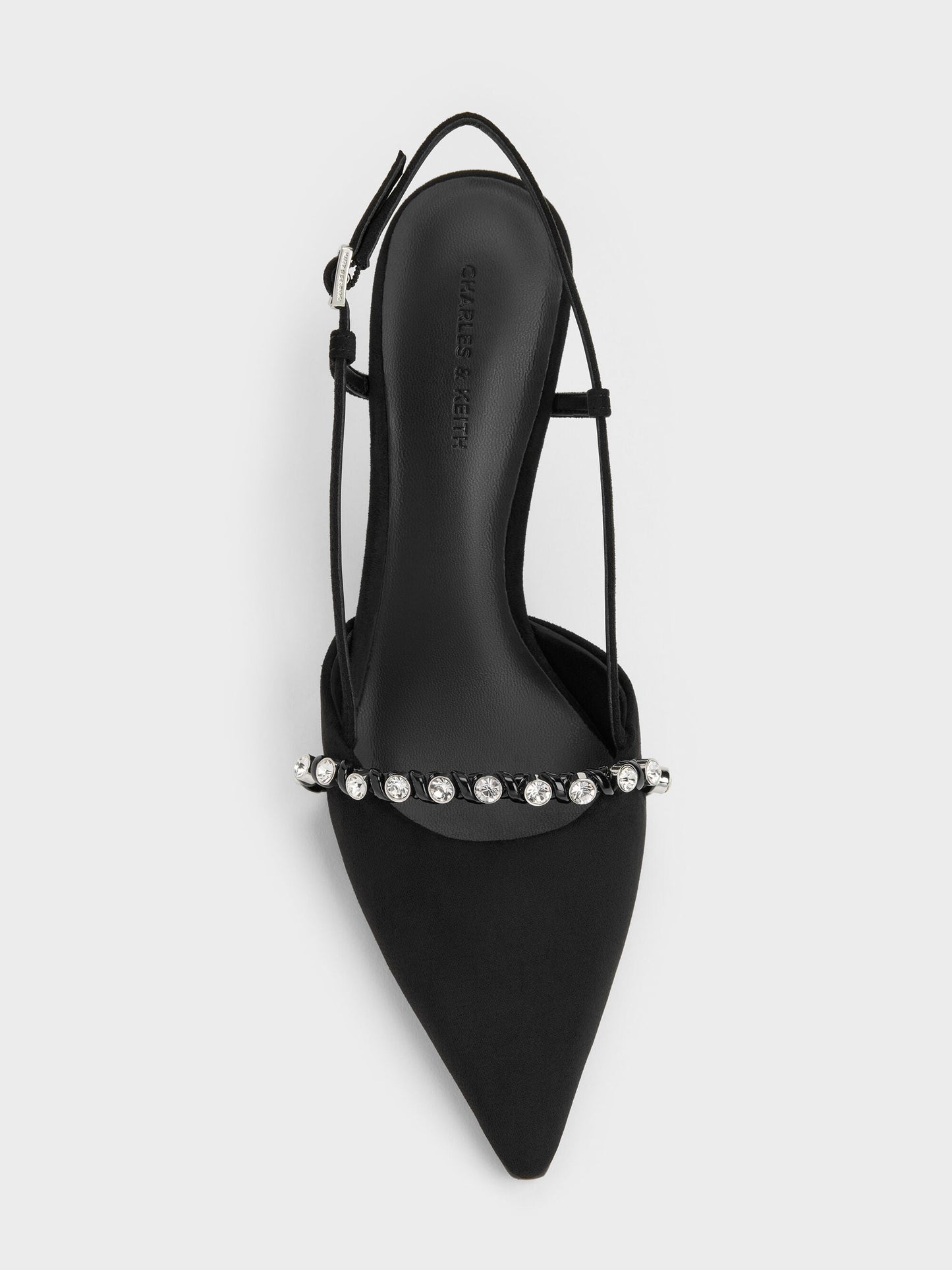 Faux Suede Crystal Slingback Pumps - Black Textured | CHARLES & KEITH