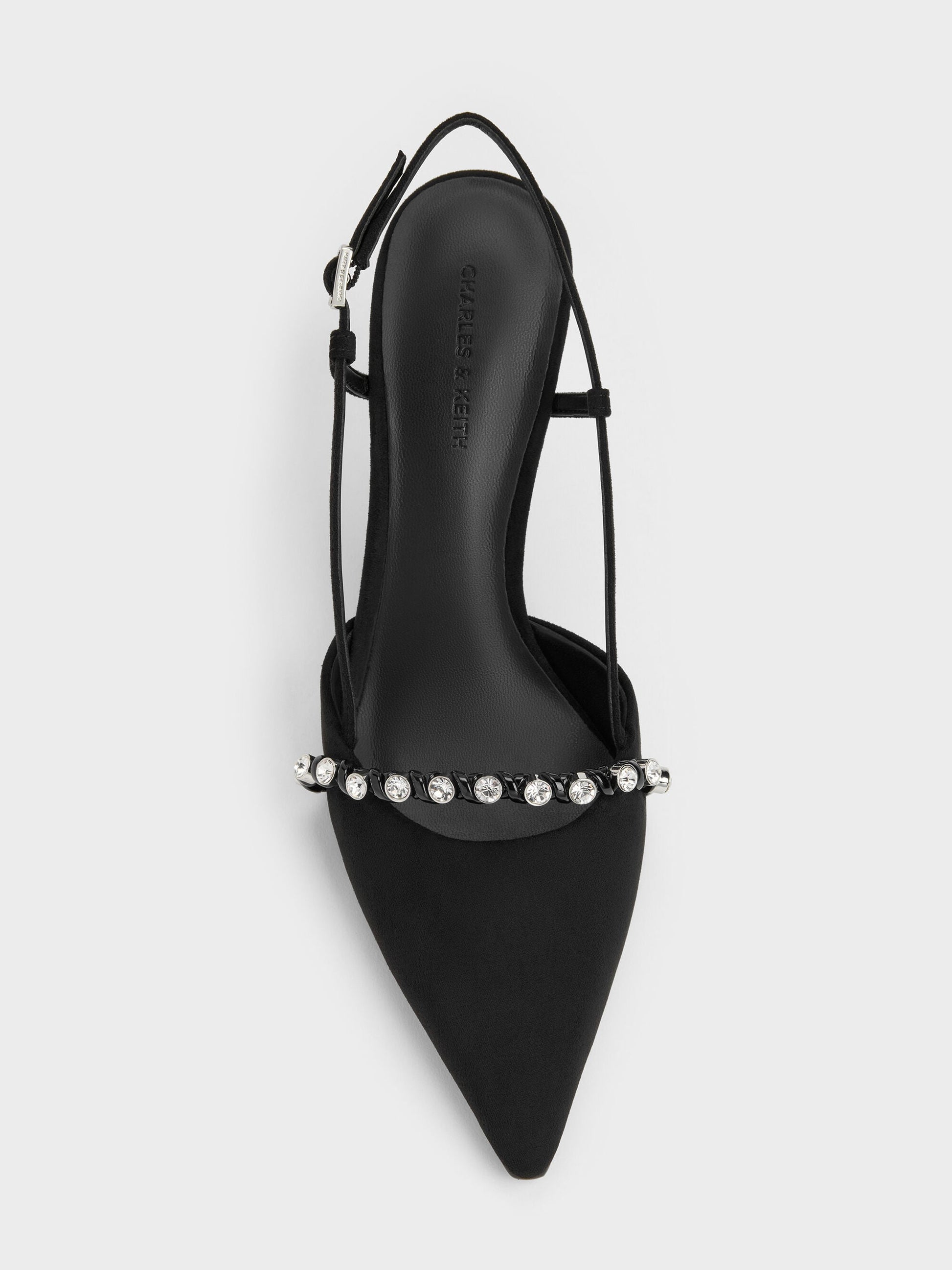 Faux Suede Crystal Slingback Pumps - Black Textured | CHARLES & KEITH