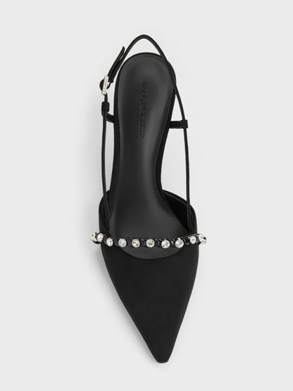 Faux Suede Crystal Slingback Pumps - Black Textured | CHARLES & KEITH