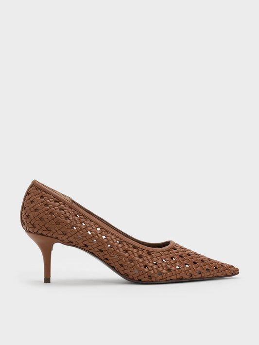 Woven Pointed Stiletto Pumps - Brown | CHARLES & KEITH