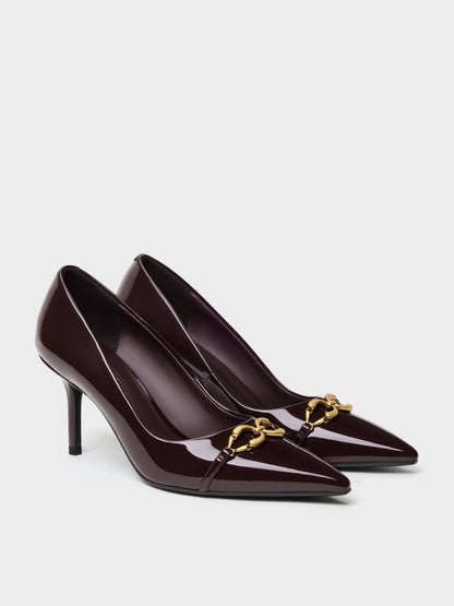 Patent Metallic-Buckle Pointed Pumps - Burgundy | CHARLES & KEITH