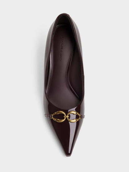 Patent Metallic-Buckle Pointed Pumps - Burgundy | CHARLES & KEITH