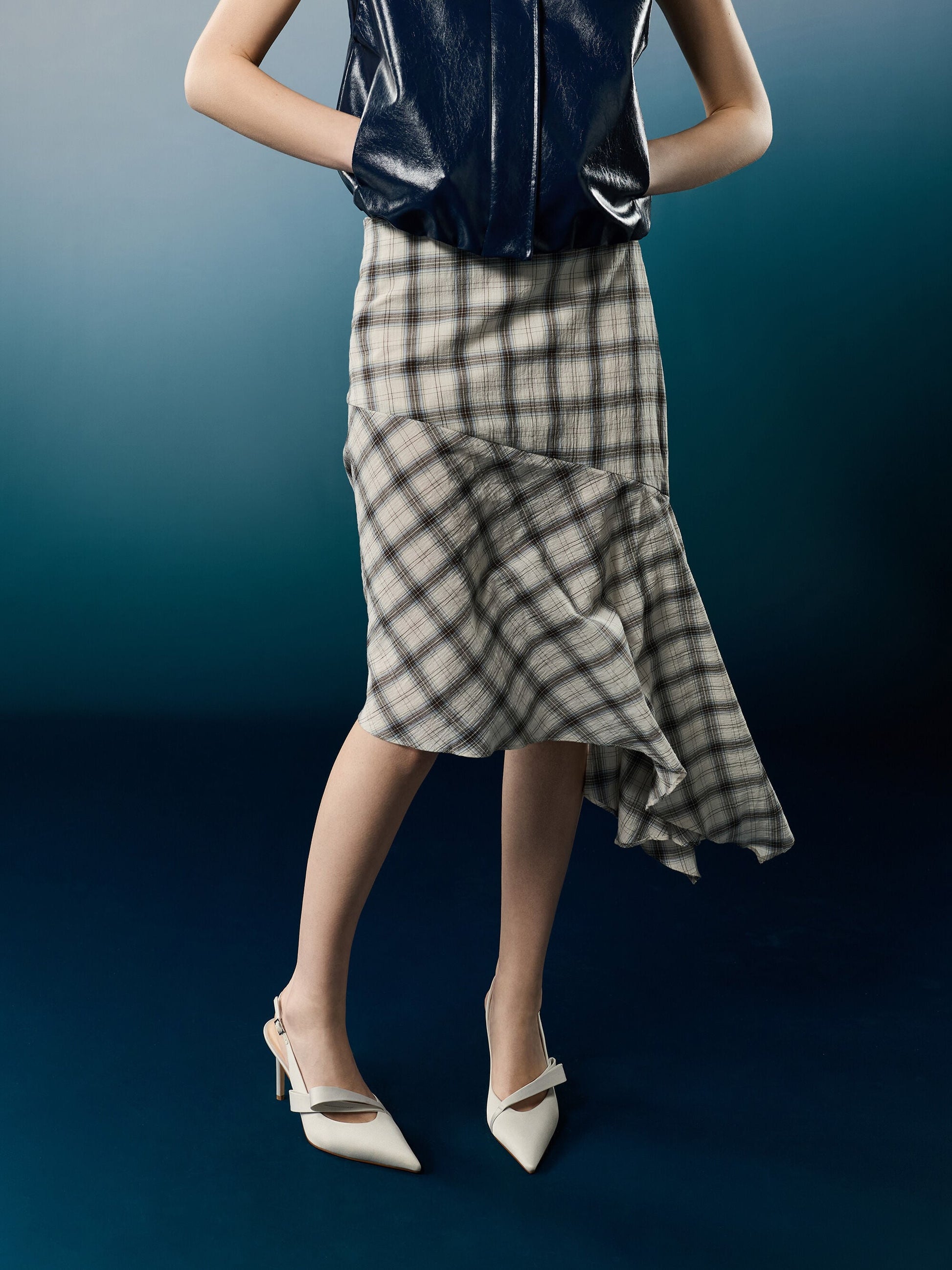 Satin Pleated-Strap Slingback Pumps - Light Grey | CHARLES & KEITH