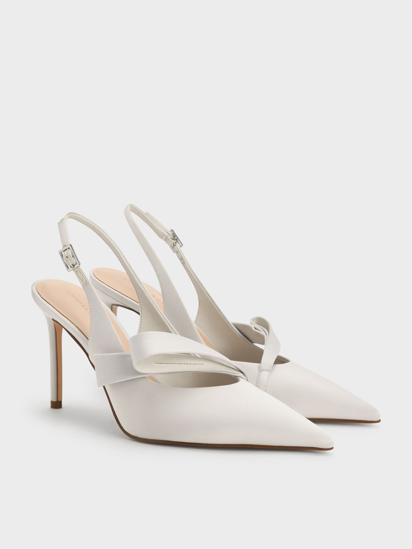 Satin Pleated-Strap Slingback Pumps - Light Grey | CHARLES & KEITH