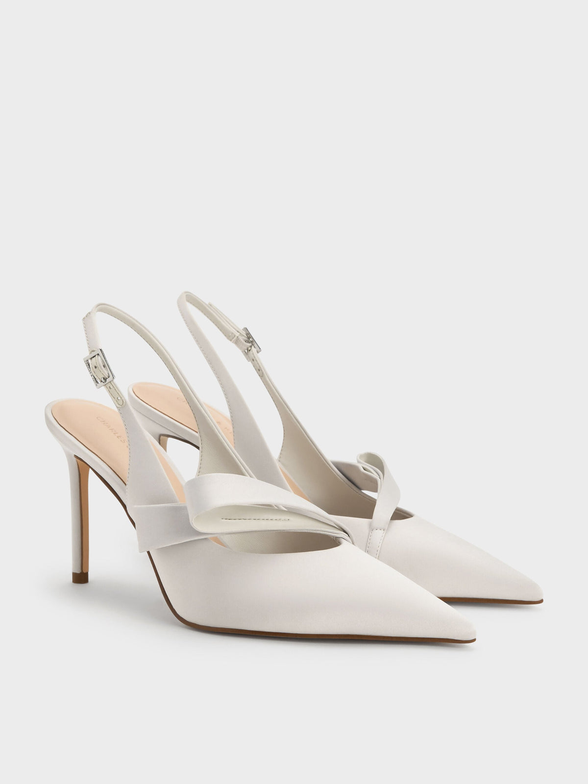 Satin Pleated-Strap Slingback Pumps - Light Grey | CHARLES & KEITH