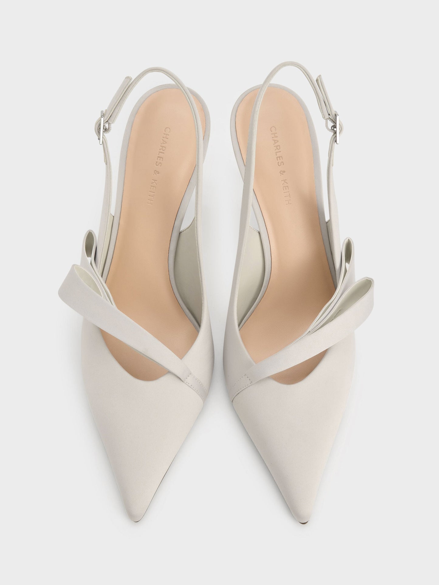Satin Pleated-Strap Slingback Pumps - Light Grey | CHARLES & KEITH