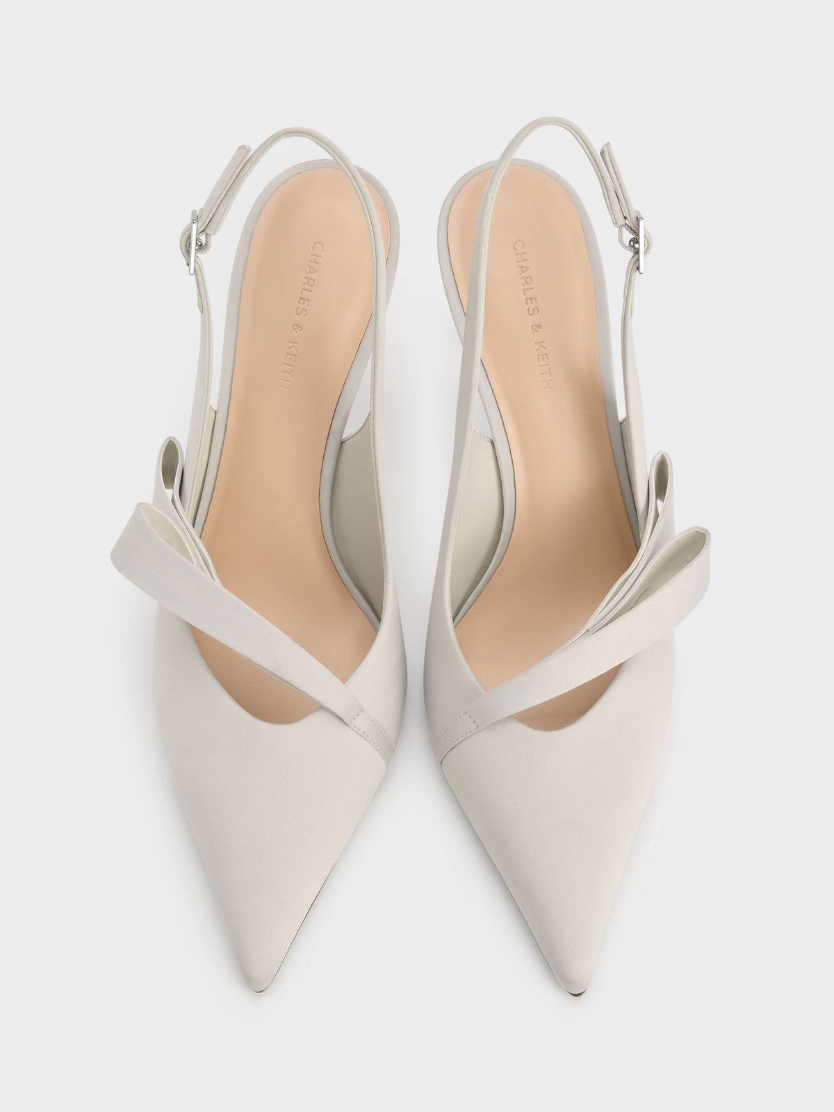 Satin Pleated-Strap Slingback Pumps - Light Grey | CHARLES & KEITH