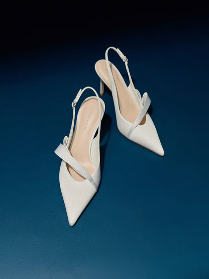 Satin Pleated-Strap Slingback Pumps - Light Grey | CHARLES & KEITH