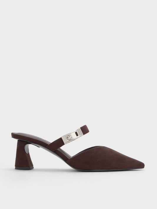 Lando Faux Suede Heeled Mules - Dark Brown Textured | CHARLES & KEITH