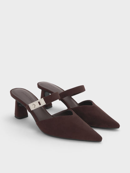 Lando Faux Suede Heeled Mules - Dark Brown Textured | CHARLES & KEITH