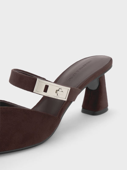 Lando Faux Suede Heeled Mules - Dark Brown Textured | CHARLES & KEITH