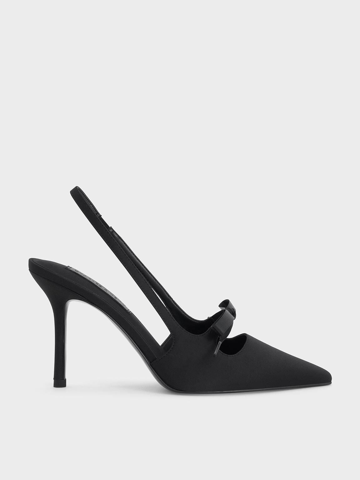 Venetia Satin Bow Pointed Slingback Pumps - Black Textured | CHARLES & KEITH