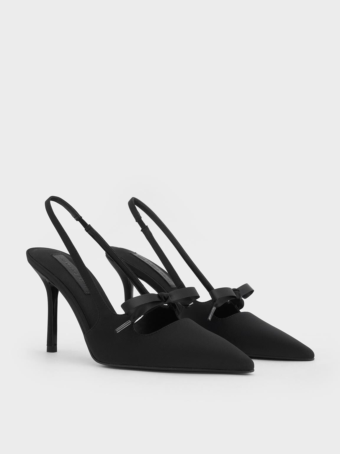 Venetia Satin Bow Pointed Slingback Pumps - Black Textured | CHARLES & KEITH