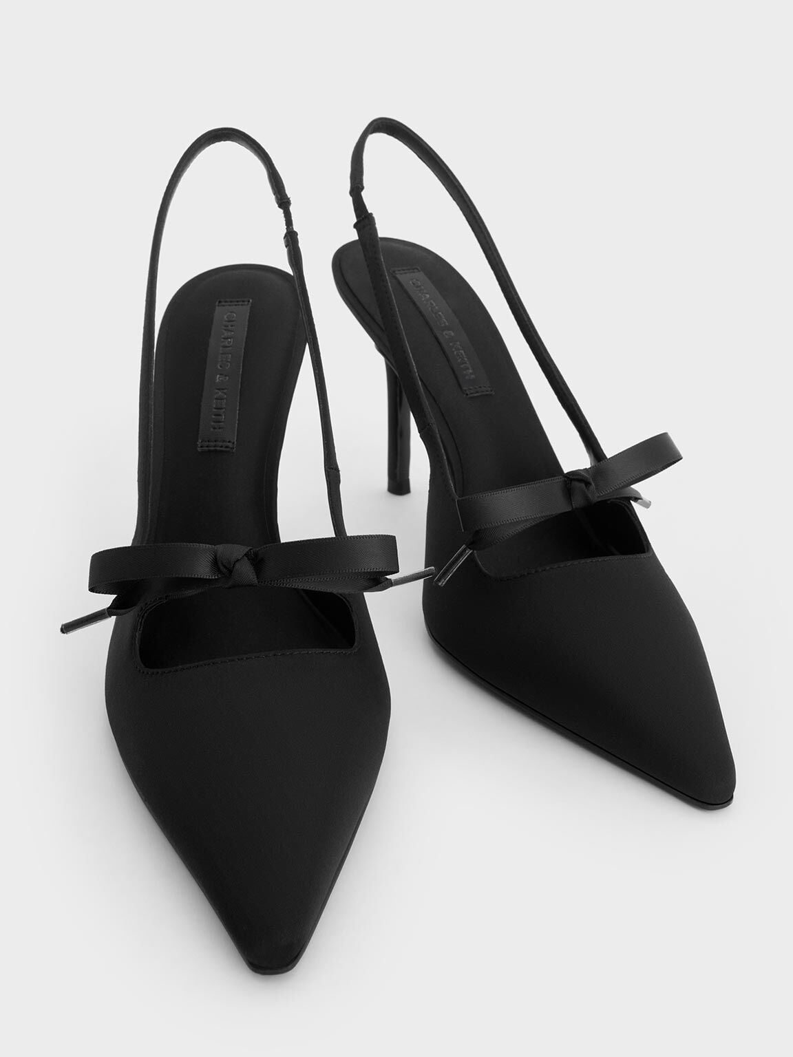 Venetia Satin Bow Pointed Slingback Pumps - Black Textured | CHARLES & KEITH