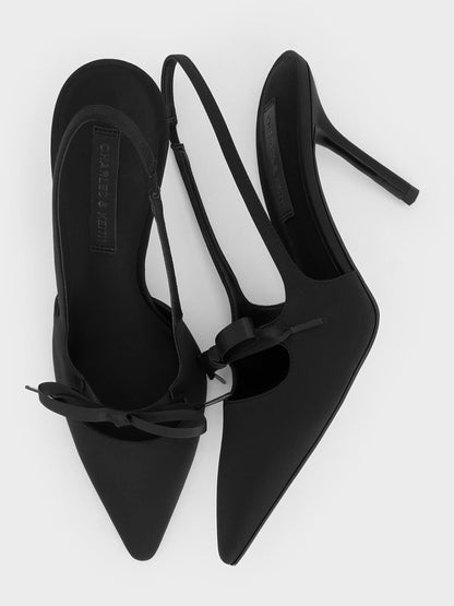 Venetia Satin Bow Pointed Slingback Pumps - Black Textured | CHARLES & KEITH