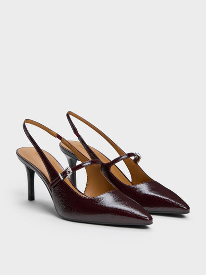 Pointed Slingback Mary Jane Pumps - Burgundy | CHARLES & KEITH