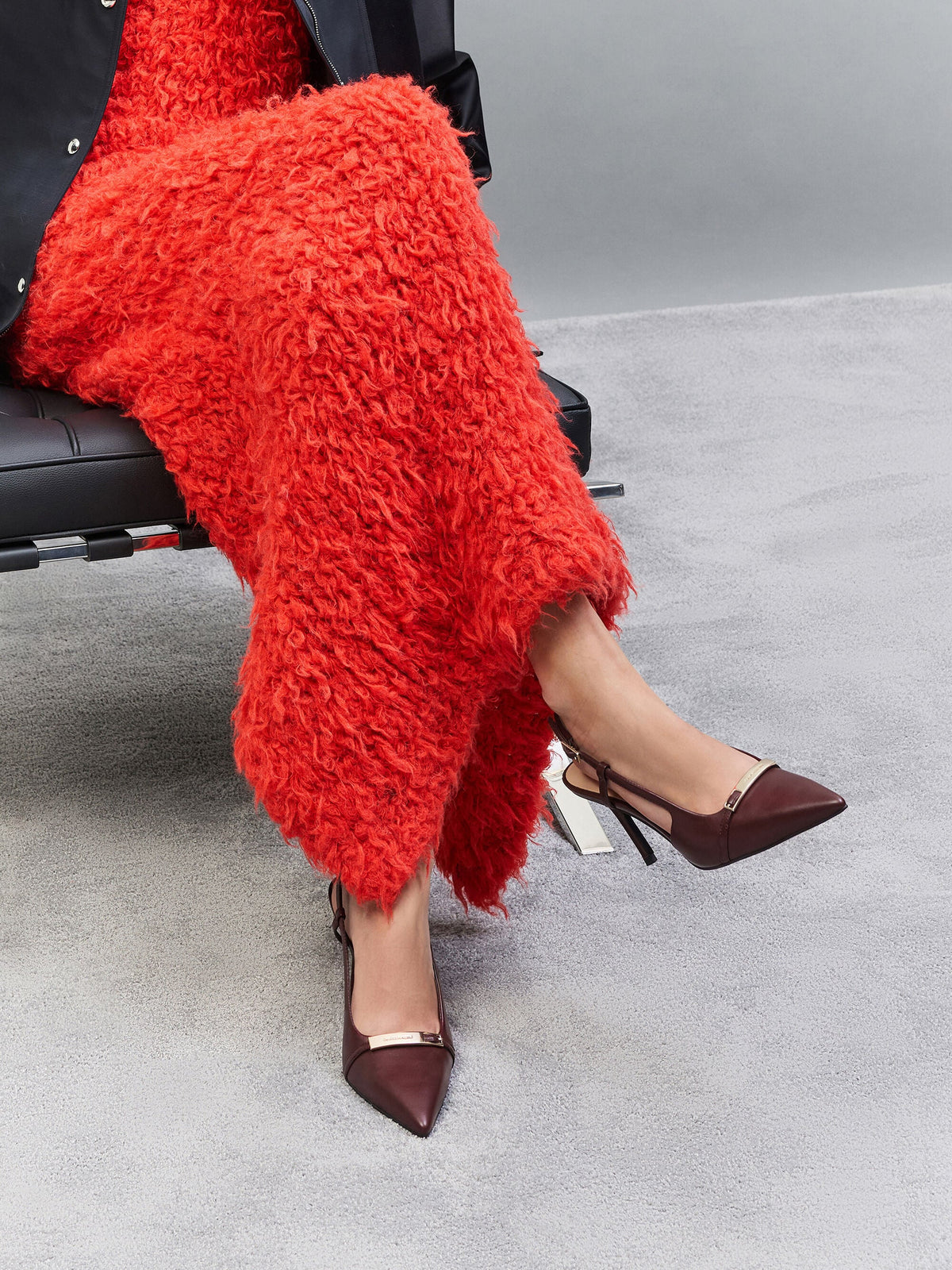 Metallic-Bar Pointed Slingback Pumps - Burgundy | CHARLES & KEITH