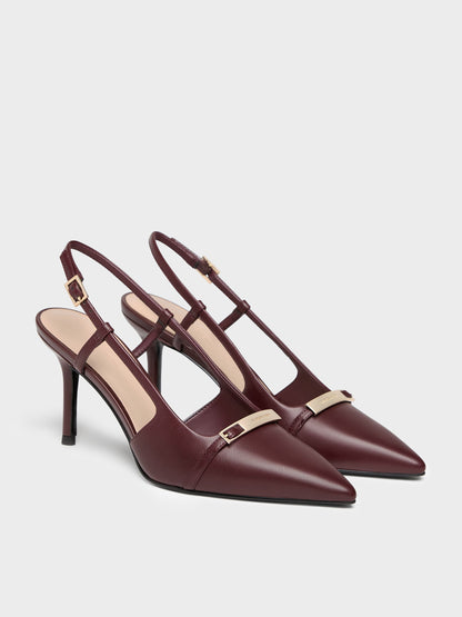 Metallic-Bar Pointed Slingback Pumps - Burgundy | CHARLES & KEITH