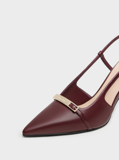 Metallic-Bar Pointed Slingback Pumps - Burgundy | CHARLES & KEITH