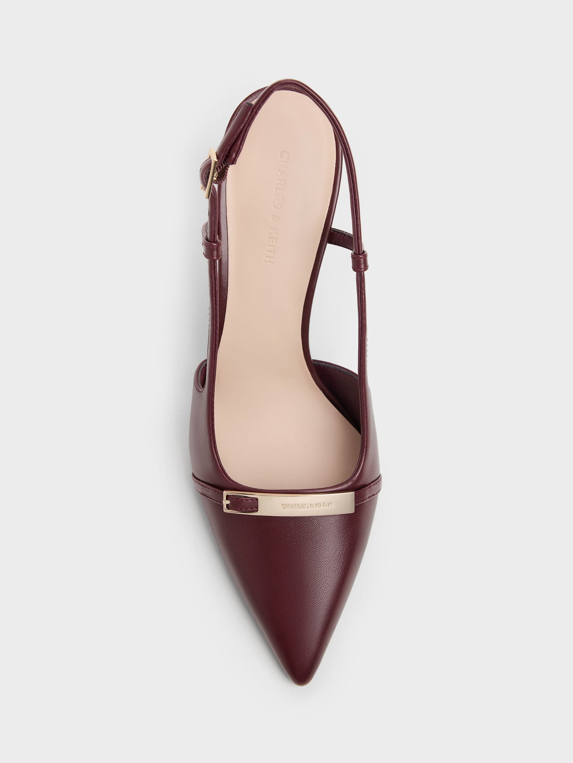 Metallic-Bar Pointed Slingback Pumps - Burgundy | CHARLES & KEITH