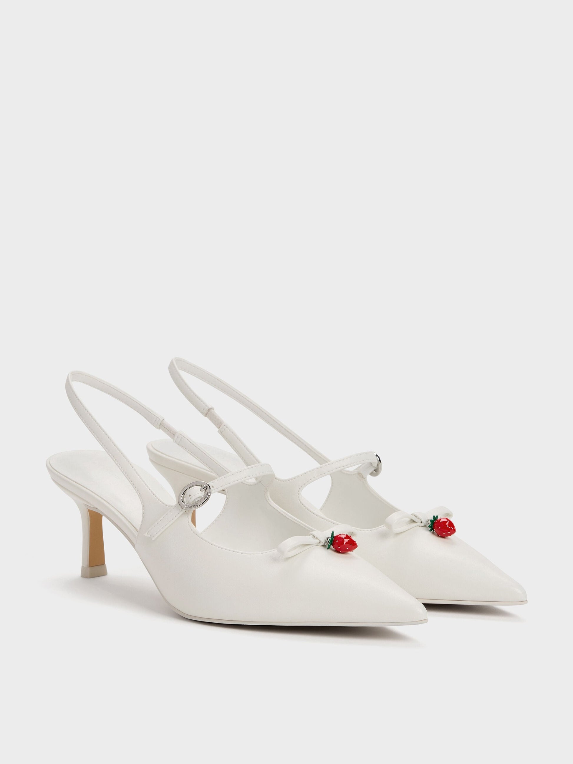 Sonali Strawberry Bow Slingback Pumps - White | CHARLES & KEITH