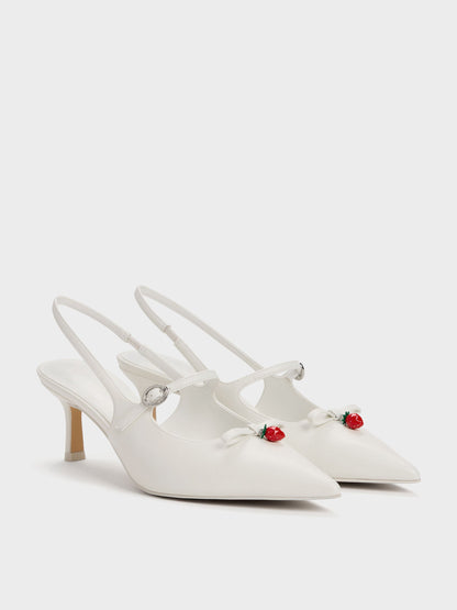 Sonali Strawberry Bow Slingback Pumps - White | CHARLES & KEITH