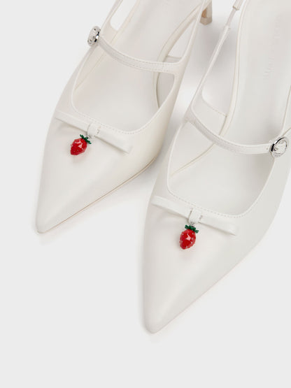 Sonali Strawberry Bow Slingback Pumps - White | CHARLES & KEITH