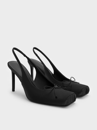 Satin Ruched Stiletto Slingback Pumps - Black Textured | CHARLES & KEITH