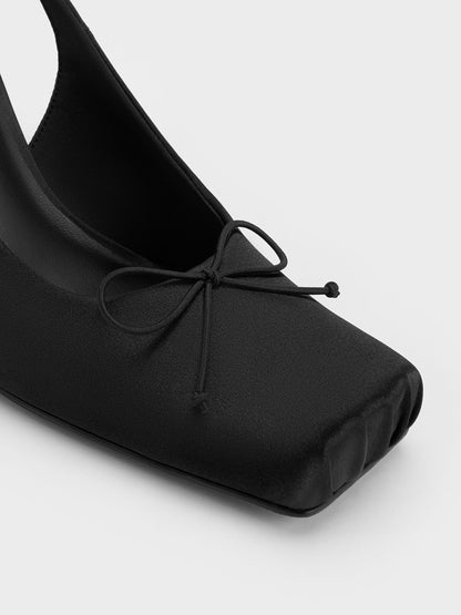 Satin Ruched Stiletto Slingback Pumps - Black Textured | CHARLES & KEITH