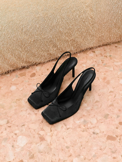 Satin Ruched Stiletto Slingback Pumps - Black Textured | CHARLES & KEITH