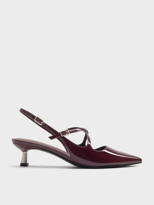 Pauline Patent Crossover Kitten Heels - Maroon | CHARLES & KEITH