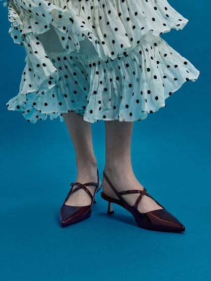 Pauline Patent Crossover Kitten Heels - Maroon | CHARLES & KEITH
