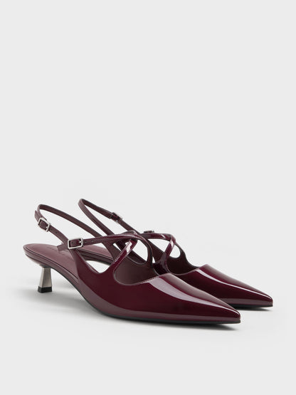 Pauline Patent Crossover Kitten Heels - Maroon | CHARLES & KEITH