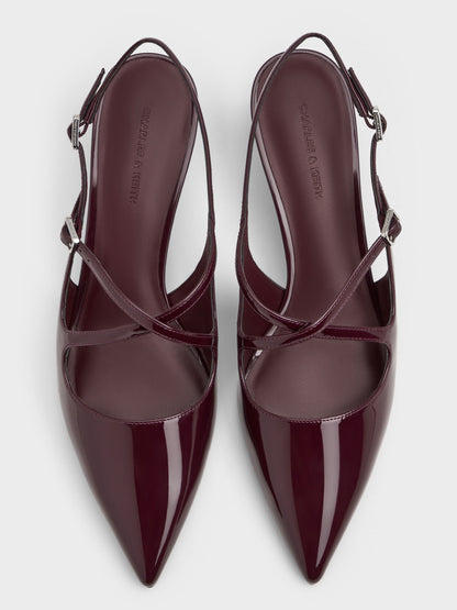 Pauline Patent Crossover Kitten Heels - Maroon | CHARLES & KEITH