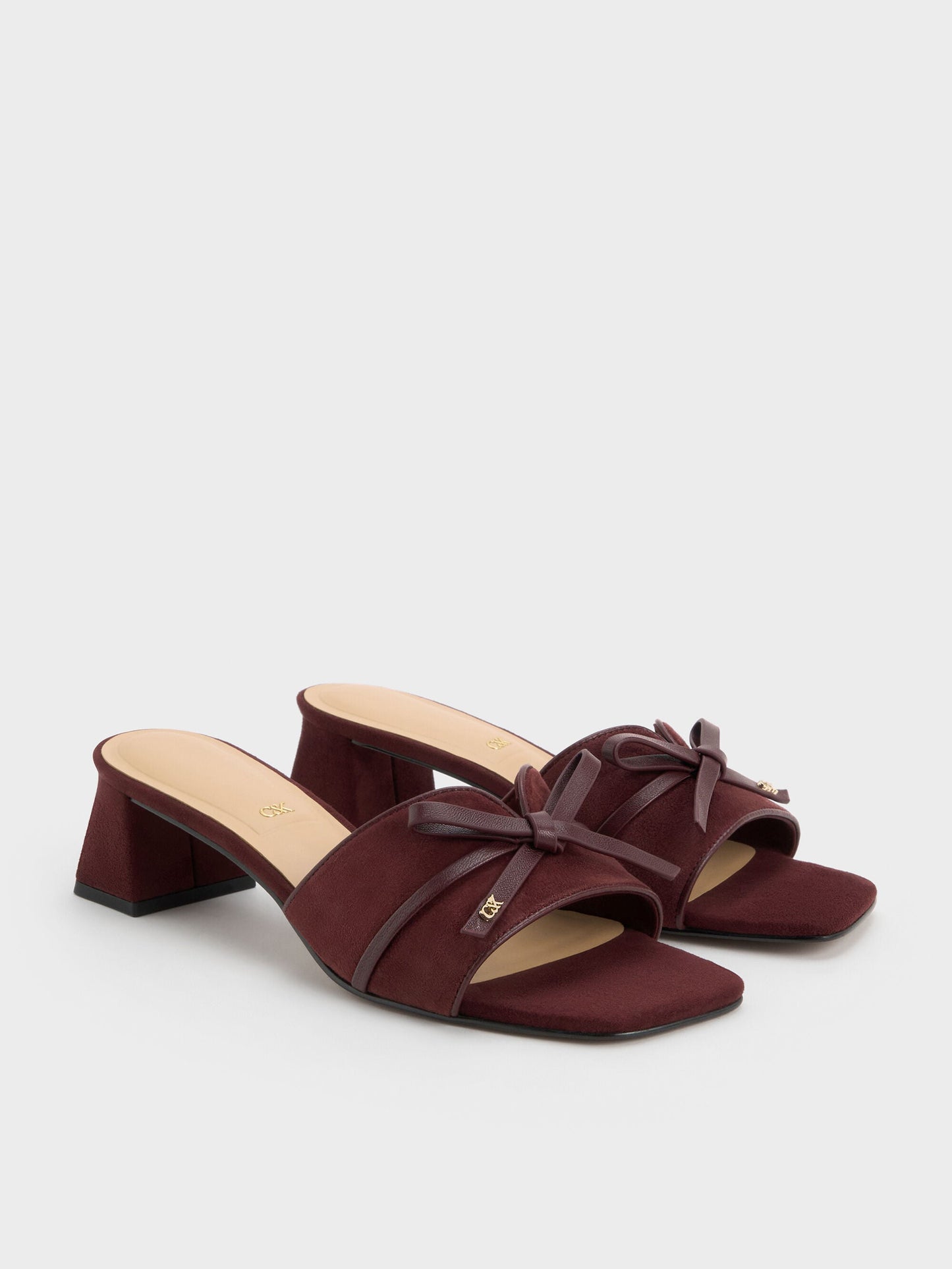 Leather & Suede Bow Heeled Mules - Burgundy | CHARLES & KEITH