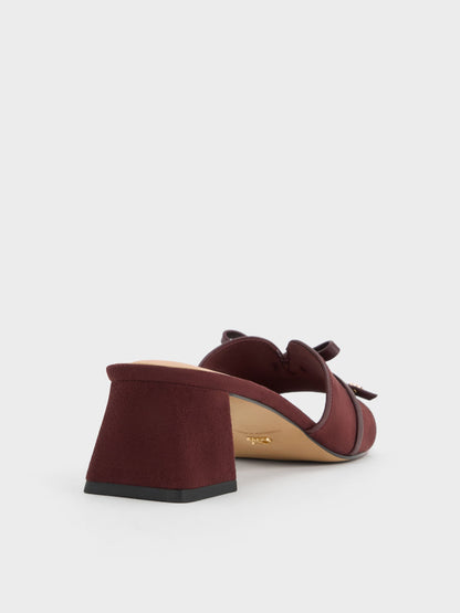 Leather & Suede Bow Heeled Mules - Burgundy | CHARLES & KEITH
