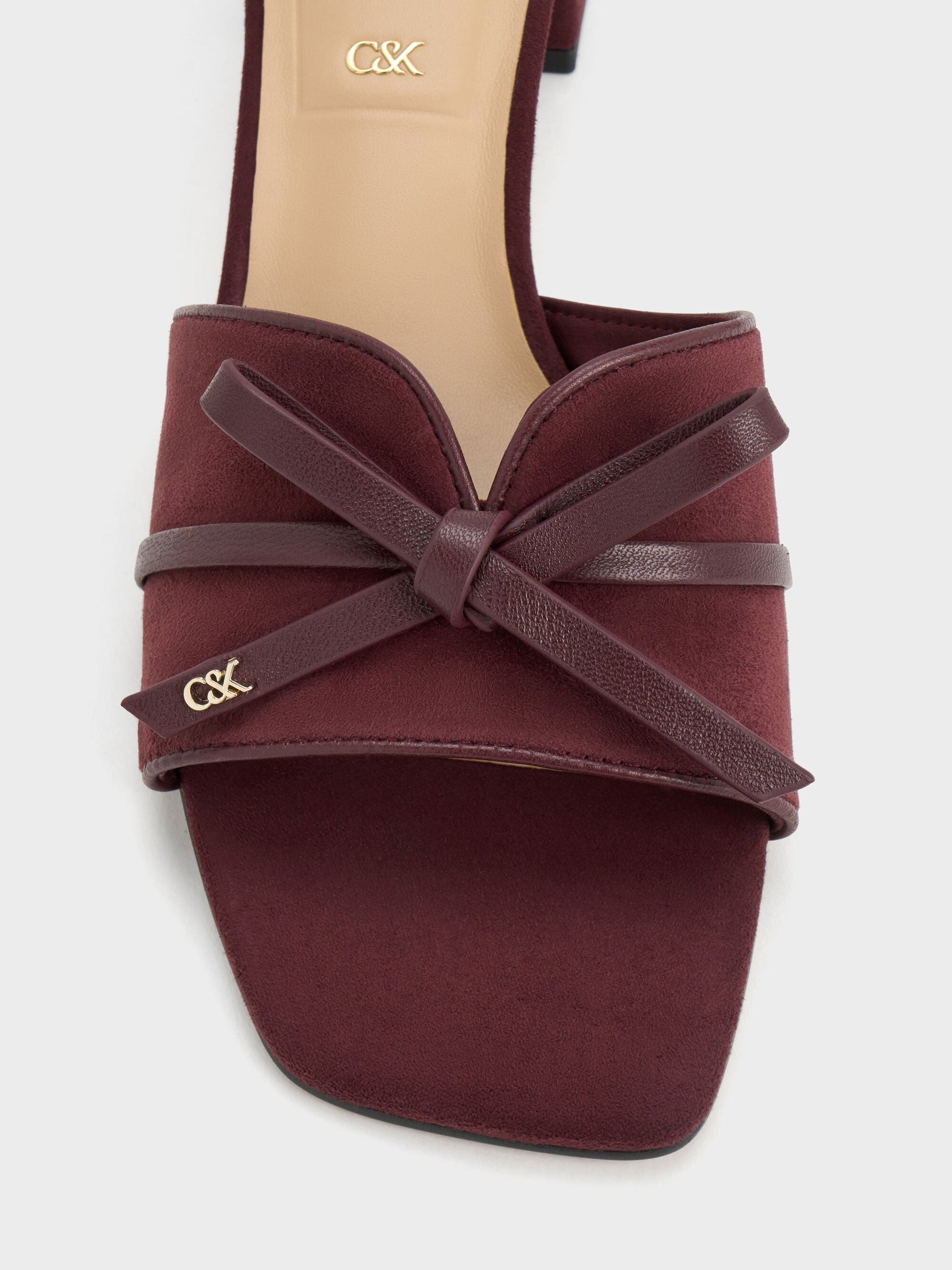 Leather & Suede Bow Heeled Mules - Burgundy | CHARLES & KEITH