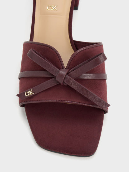 Leather & Suede Bow Heeled Mules - Burgundy | CHARLES & KEITH
