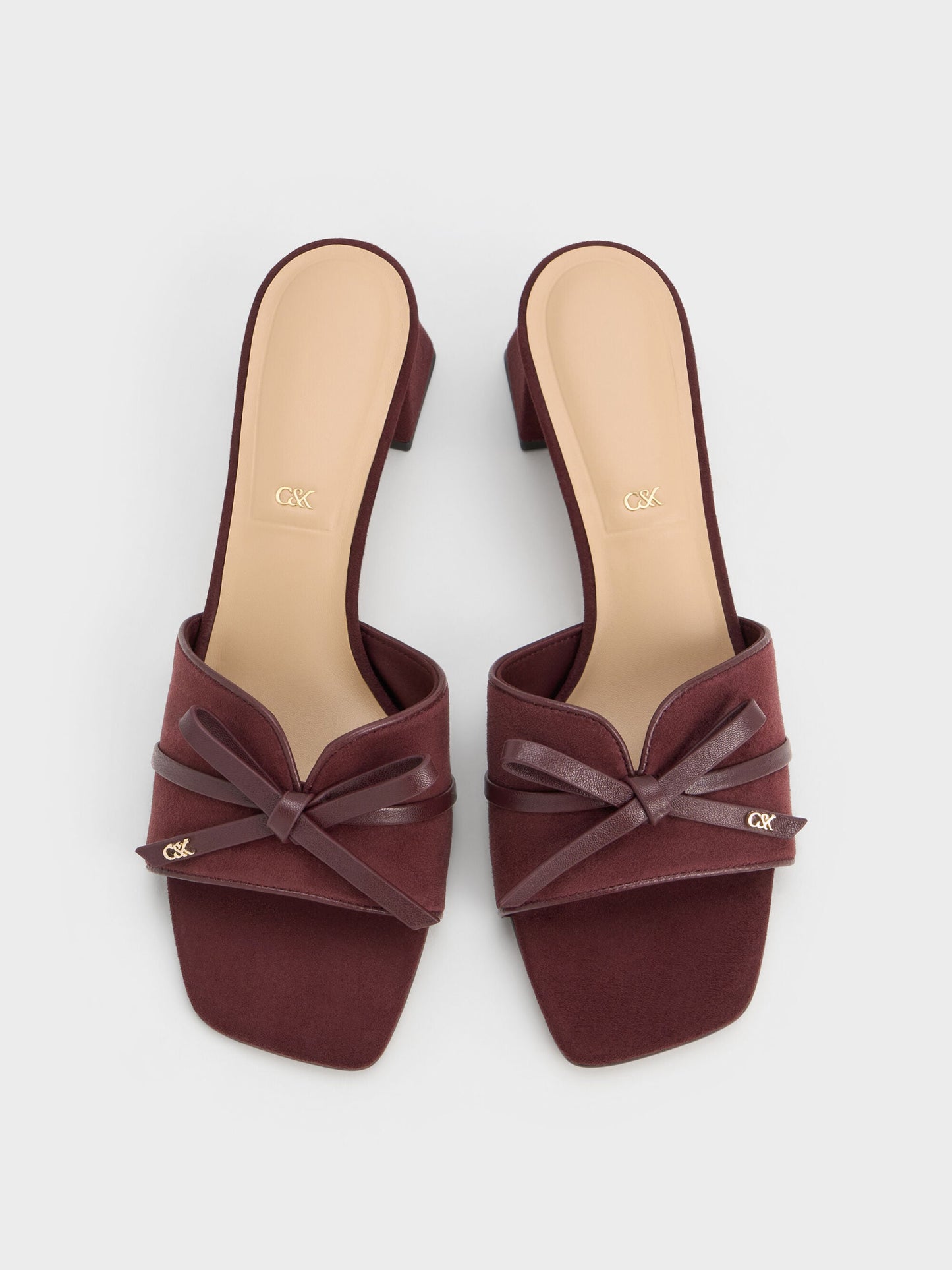 Leather & Suede Bow Heeled Mules - Burgundy | CHARLES & KEITH