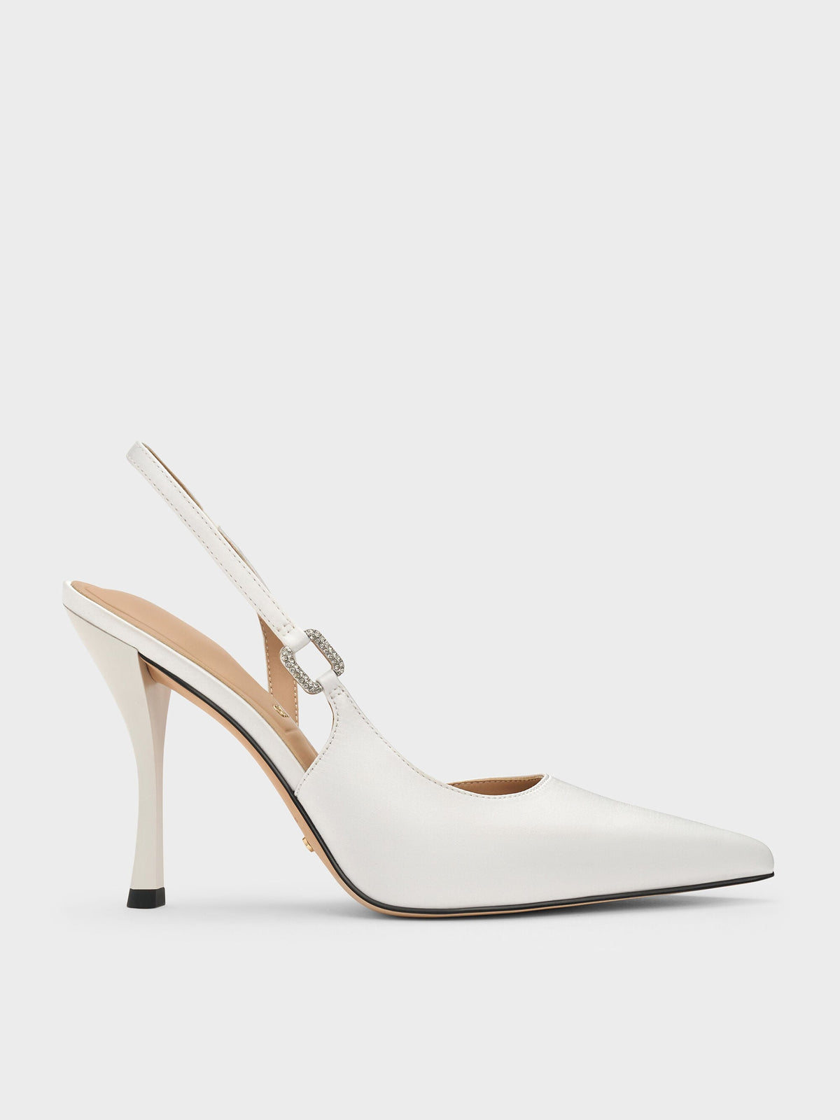 Crystal-Buckle Slingback Pumps - White | CHARLES & KEITH