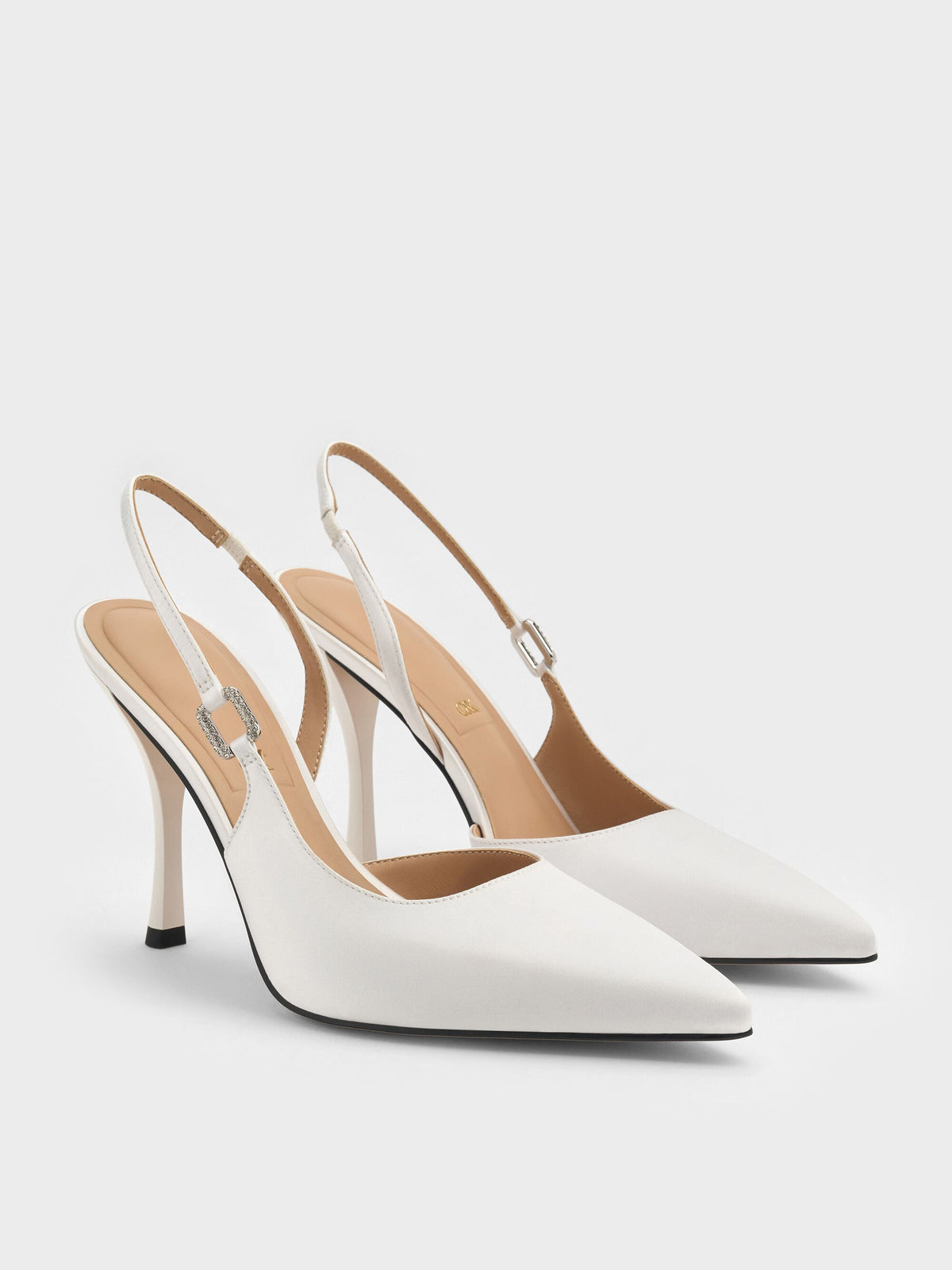Crystal-Buckle Slingback Pumps - White | CHARLES & KEITH