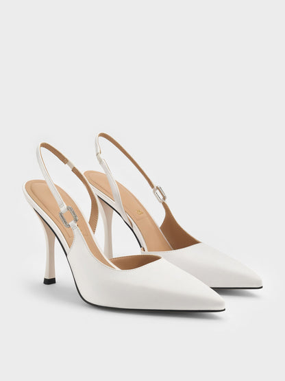 Crystal-Buckle Slingback Pumps - White | CHARLES & KEITH