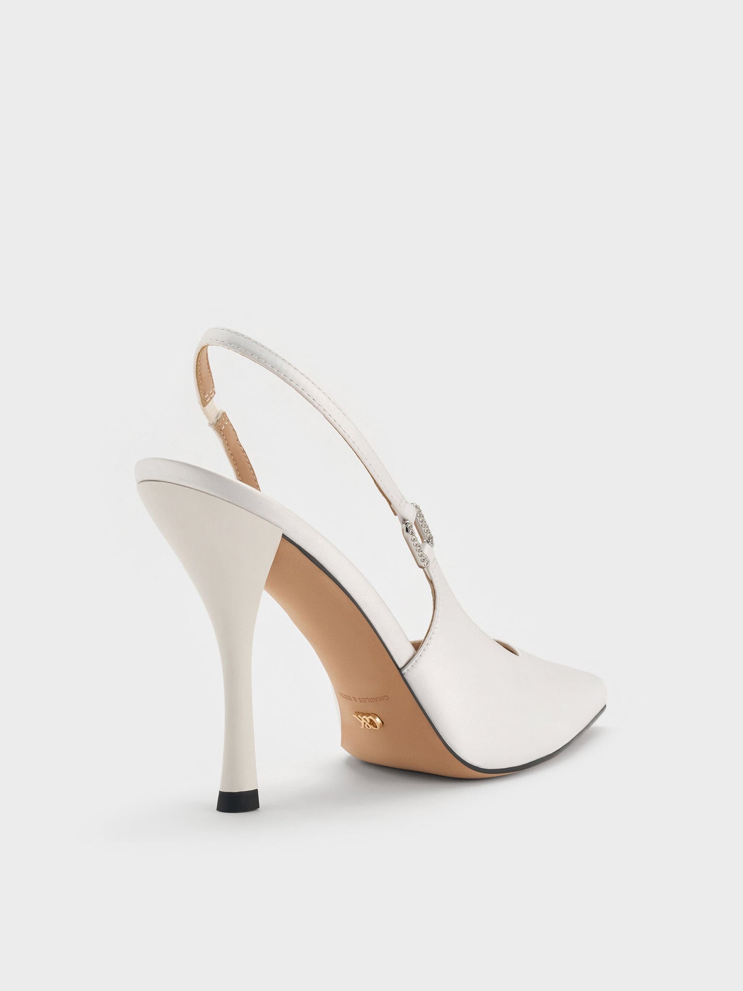 Crystal-Buckle Slingback Pumps - White | CHARLES & KEITH