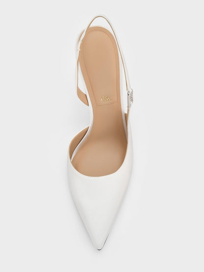 Crystal-Buckle Slingback Pumps - White | CHARLES & KEITH