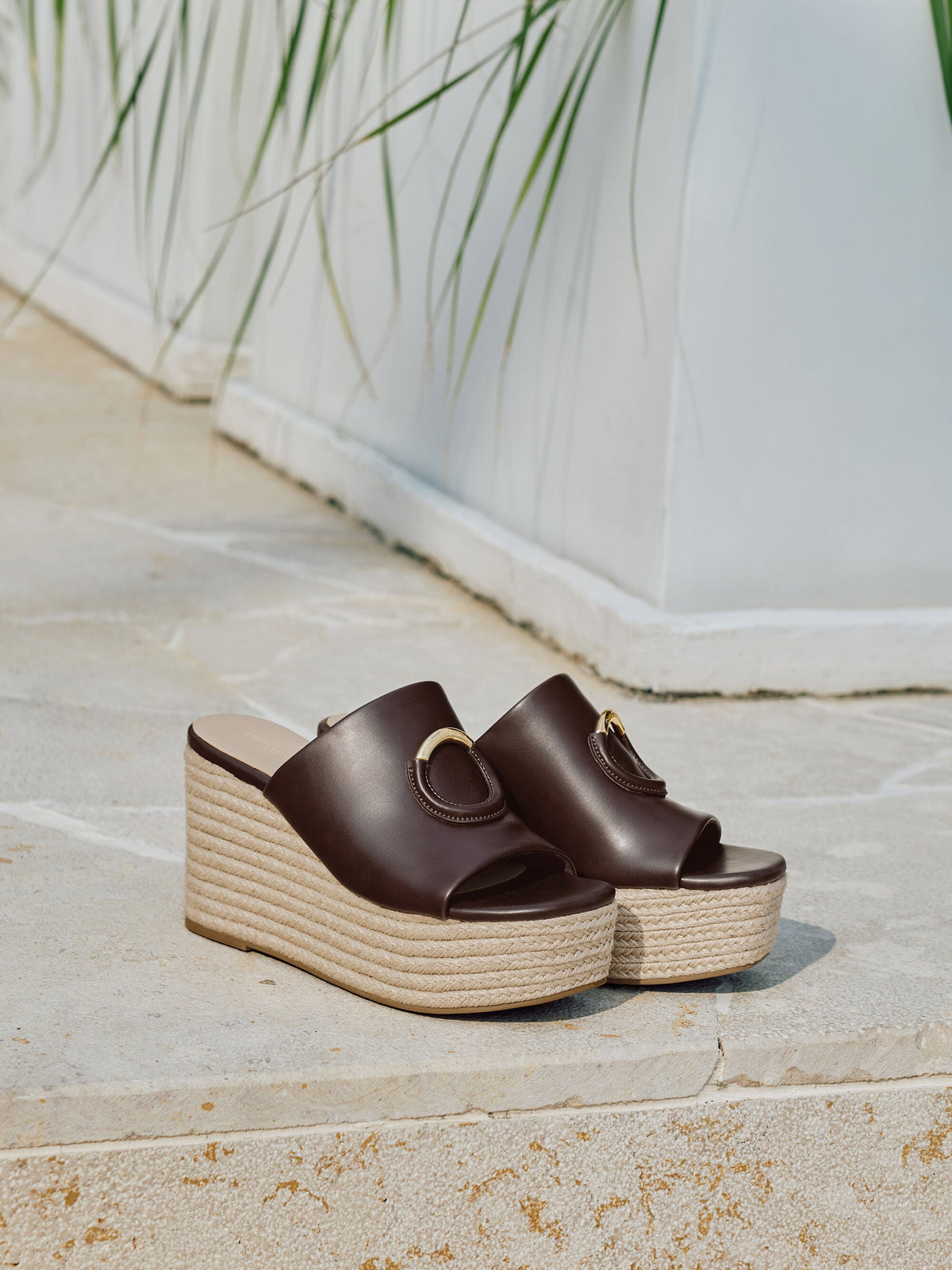 Metallic-Accent Espadrille Wedges - Maroon | CHARLES & KEITH
