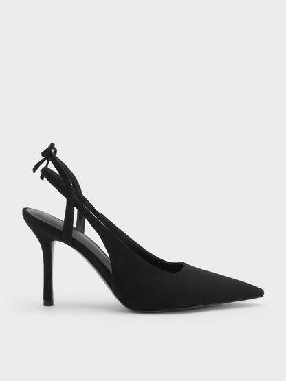 Faux Suede Back-Bow Slingback Pumps - Black Textured | CHARLES & KEITH