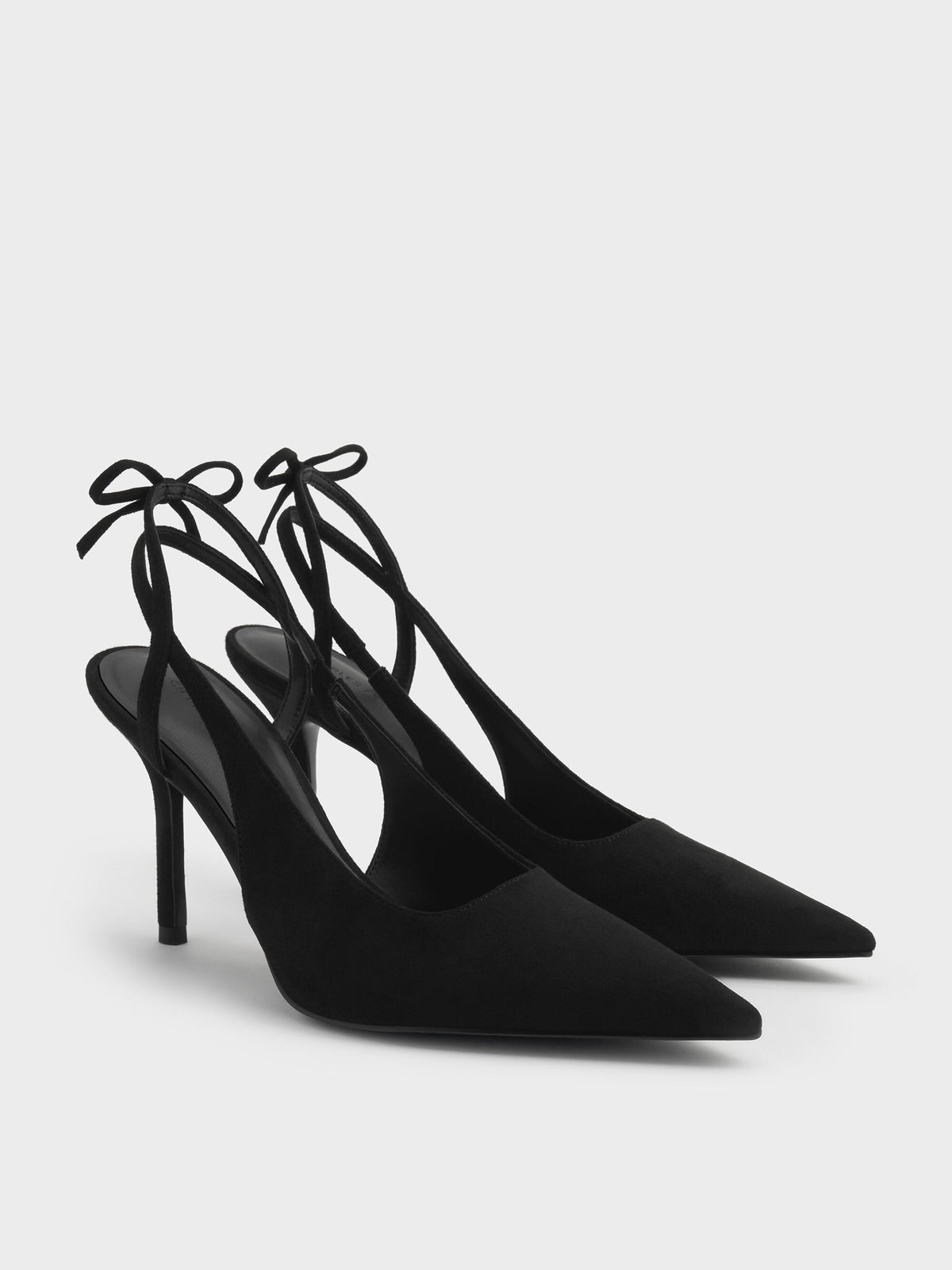 Faux Suede Back-Bow Slingback Pumps - Black Textured | CHARLES & KEITH