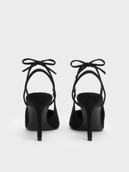 Faux Suede Back-Bow Slingback Pumps - Black Textured | CHARLES & KEITH